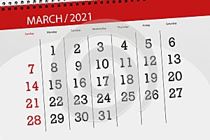 Calendar planner for the month march 2021, deadline day.