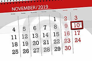 Calendar planner for the month november 2019, deadline day, 10, sunday