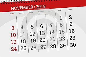 Calendar planner for the month november 2019, deadline day