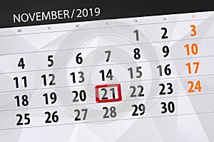Calendar planner for the month november 2019, deadline day, 21, thursday
