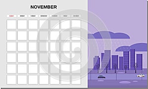 Calendar Planner November month. Minimalistic landscape natural backgrounds Autumn. Monthly template for diary business