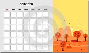 Calendar Planner October month. Minimalistic landscape natural backgrounds Autumn. Monthly template for diary business