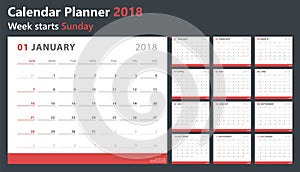 Calendar planner 2018, week starts sunday, vector design template