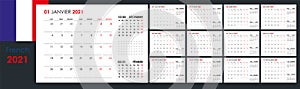 Calendar and planner for 2021 year. Week starts from Monday. 12 boards, months set. photo