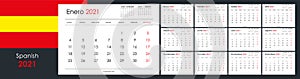 Calendar and planner for 2021 year. Week starts on Sunday. 12 boards, months set. Simple wall layout. Clear template. Spanish. photo