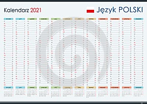 Calendar in Polish for 2021. Year planner and organizer. Simple and legible layout. Template for the company.