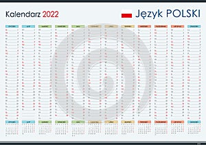 Calendar in Polish for 2022. Year planner and organizer. Simple and legible layout.