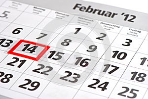 Calendar with red mark on 14 February