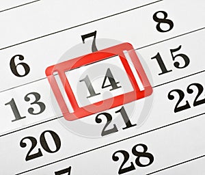 Calendar with red mark on 14 February