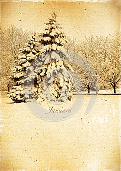 Calendar retro. January. Vintage winter landscape.
