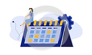 Calendar schedule week vector concept illustration. Student appointment employee agenda man and woman. Business plan with clock,