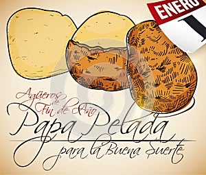 Calendar and Scroll with the Traditional Omen of Peeled Potato, Vector Illustration