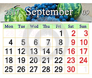 Calendar for September 2017 with fruits