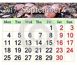 Calendar for September 2017 with mushrooms of Suillus