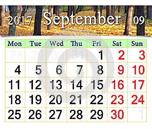 Calendar for September 2017 with yellow leaves