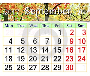 Calendar for September 2017 with yellow leaves