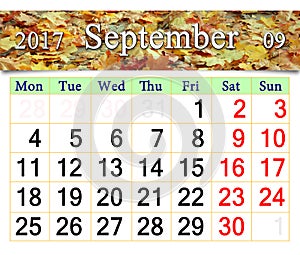 Calendar for September 2017 with yellow leaves