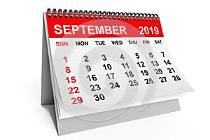 Calendar September 2019. 3d rendering