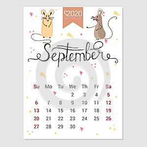 Calendar  September 2020. Cute monthly calendar with rat. Hand drawn style characters. Year of the rat.n