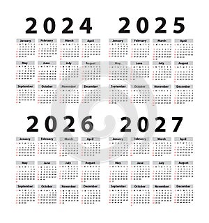 Calendar set 2024 2025 2026 2027, starting from Sunday. Vector illustration