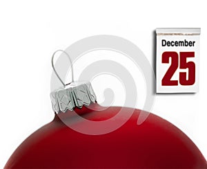 Calendar set on 25 of December with Christmas ball