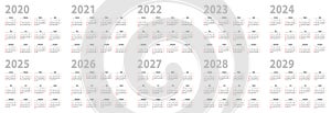 Calendar set in basic design for 2020, 2021, 2022, 2023, 2024, 2025, 2026, 2027, 2028, 2029 years. Week starts on Sunday photo