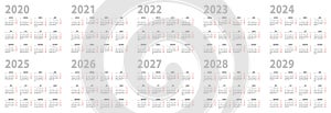 Calendar set in basic design for 2020, 2021, 2022, 2023, 2024, 2025, 2026, 2027, 2028, 2029 years. Week starts on Monday photo