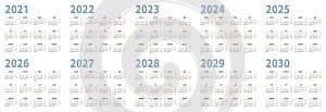 Calendar set in basic design for 2021, 2022, 2023, 2024, 2025, 2026, 2027, 2028, 2029, 2030 years. Week starts on Monday