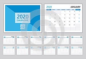 Calendar 2020, Set Desk calendar 2020 template, Can use Place for Photo and Company Logo Blue cover modern design