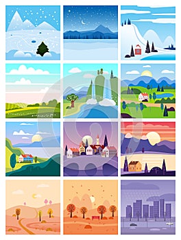 Calendar set landscape winter, spring, summer, autumn in flat minimal simple style - season banners poster cover