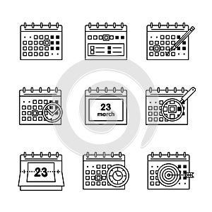 Calendar set. Thin line art icons