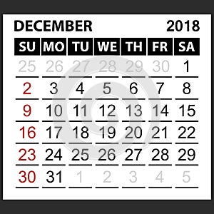 Calendar sheet December 2018