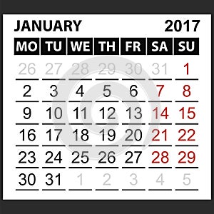 Calendar sheet January 2017