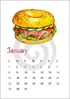 Calendar sheet for january 2023, bagel with salmon and cream cheese, cucumbers and lettuce, american cuisine, watercolor