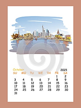 Calendar sheet layout October month 2021 year.Frankfurt am Main. Germany. Hand drawn sketch.