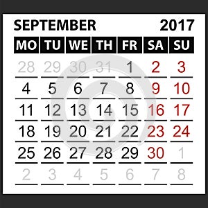 Calendar sheet September 2017
