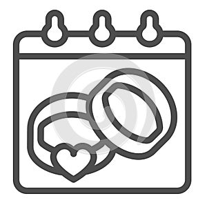 Calendar sheet with two wedding rings and heart line icon, marriage concept, wedlock vector sign on white background photo
