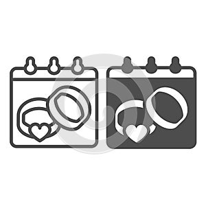 Calendar sheet with two wedding rings and heart line and solid icon, marriage concept, wedlock vector sign on white