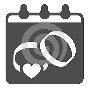 Calendar sheet with two wedding rings and heart solid icon, marriage concept, wedlock vector sign on white background