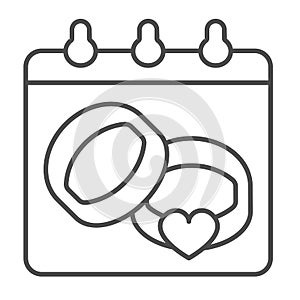 Calendar sheet with two wedding rings and heart thin line icon, marriage concept, wedlock vector sign on white