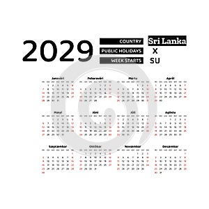 Calendar 2029 Sinhala language with Sri Lanka public holidays. photo