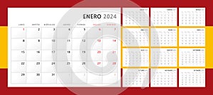 Calendar 2024 in Spanish. Wall quarterly calendar for 2024 in a classic minimalist style. Week starts on Monday. Set of 12 months