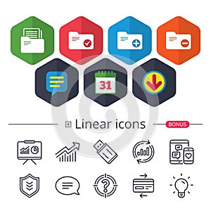 Accounting binders icons. Add document symbol.