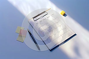 Calendar and stationery on clipboard with soft sunlight shadows photo