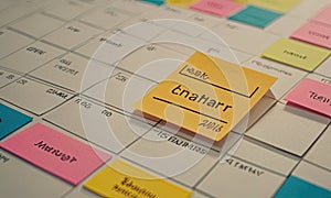 A calendar with sticky notes on it, one of which says \