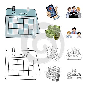 Calendar, telephone conference, agreement, cash.Business-conference and negotiations set collection icons in cartoon