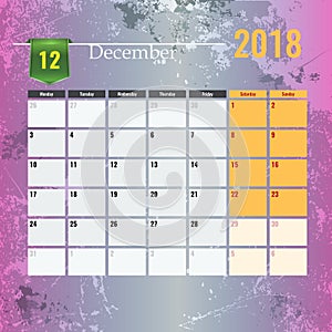 Calendar template for 2018 December month with Abstract grunge background.