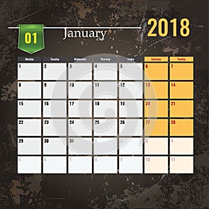 Calendar template for 2018 January with Abstract grunge background.