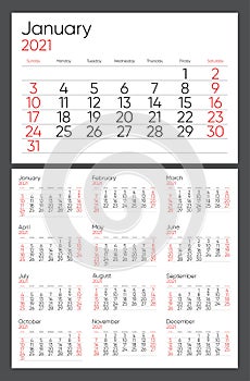 Calendar template 2021. Week start Sunday corporate design planner template