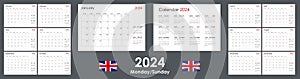 Calendar template 2024. Yearly planner organizer, starts monday, english